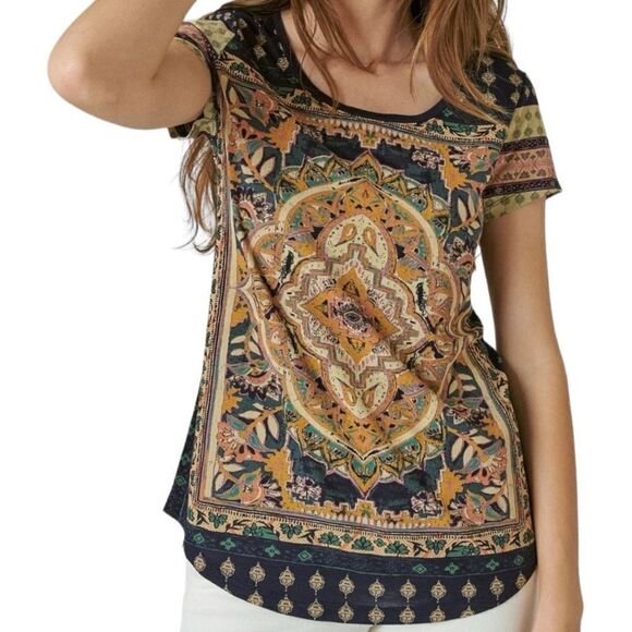 NWT Lucky Brand Tapestry Mandala Bohemian Printed Short Sleeve Scoop Neck Tee - Picture 1 of 14